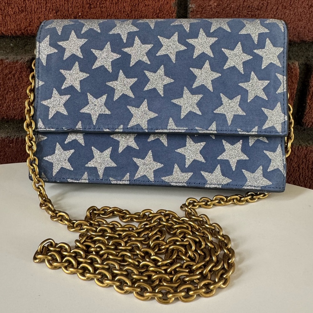 J. Crew Harrison Convertible Crossbody Clutch Leather Silver Stars Gold Chain